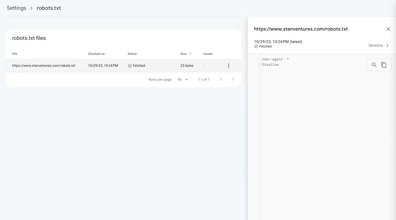 robots.txt report in search console
