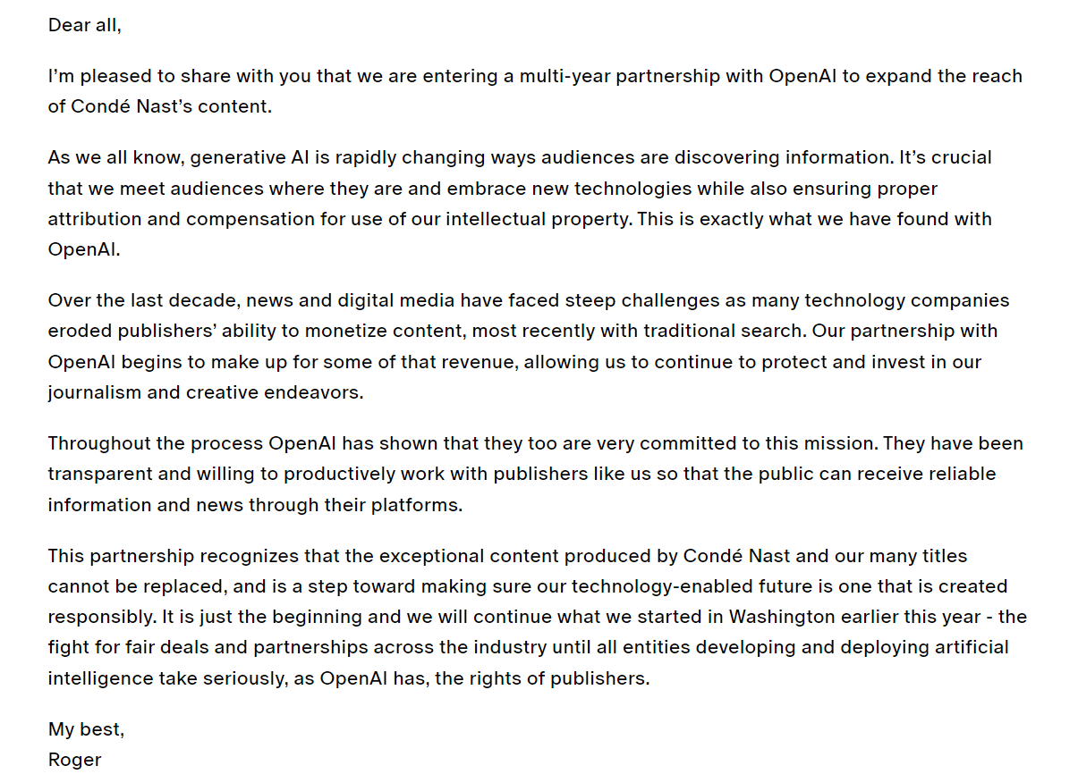 Condé Nast CEO Roger Lynch memo on teaming up with OpenAI