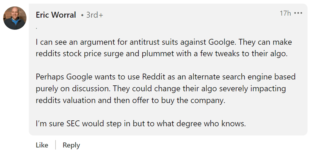 Eric Worral's comment on Lily Ray's post regarding Reddit's ranking