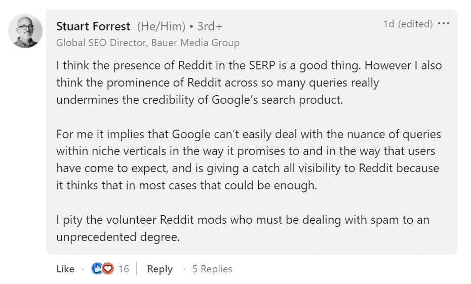 Stuart Forrest's comment on Lily Ray's post regarding Reddit's ranking