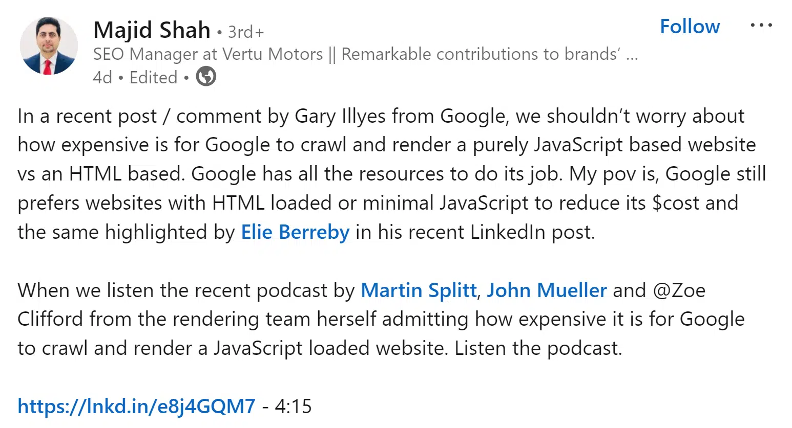 Majid Shah's post on potential costs of processing JavaScript-heavy websites