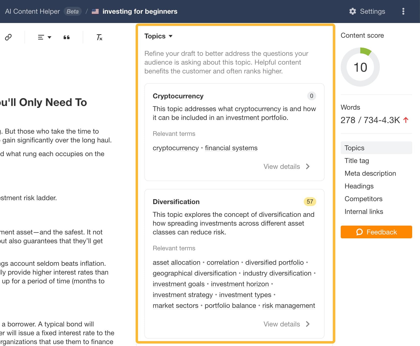 View the key topics present in SERP