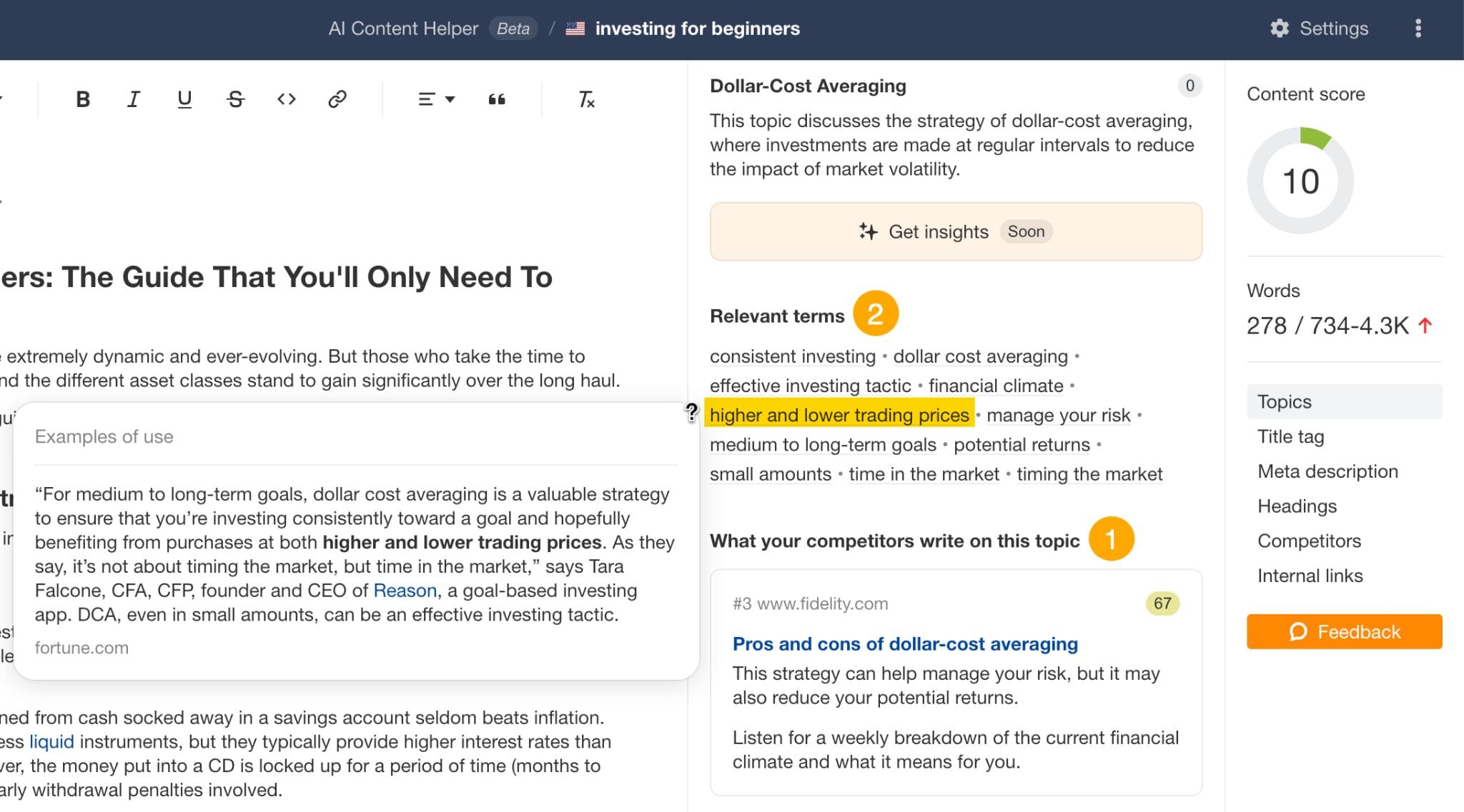 How AI content helper works - Study the text snippets of top-ranking pages