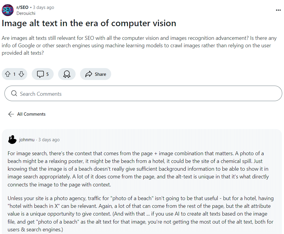 Screenshot of reddit discussion - Image alt text in the era of computer vision