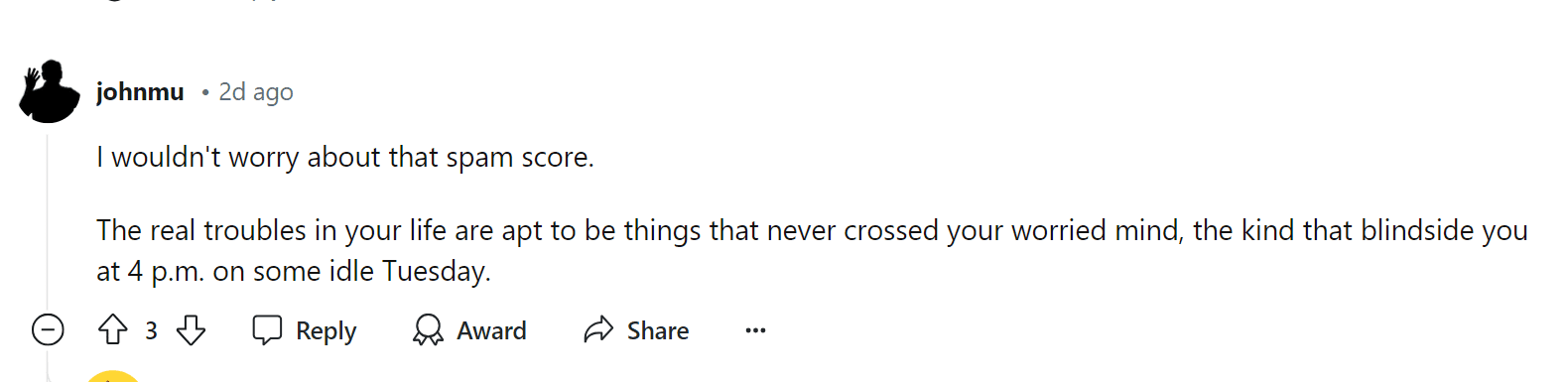 John Muellers comment on spam scores