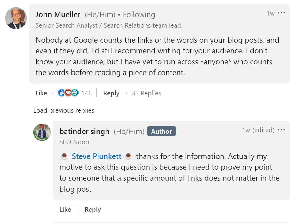 John Mueller's post on creating content tailored to audience rather than tracking word or link counts.