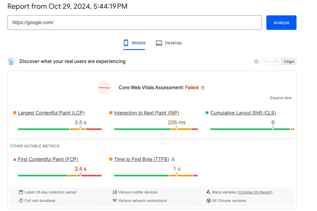 Google itself fails the core web vitals assessment test