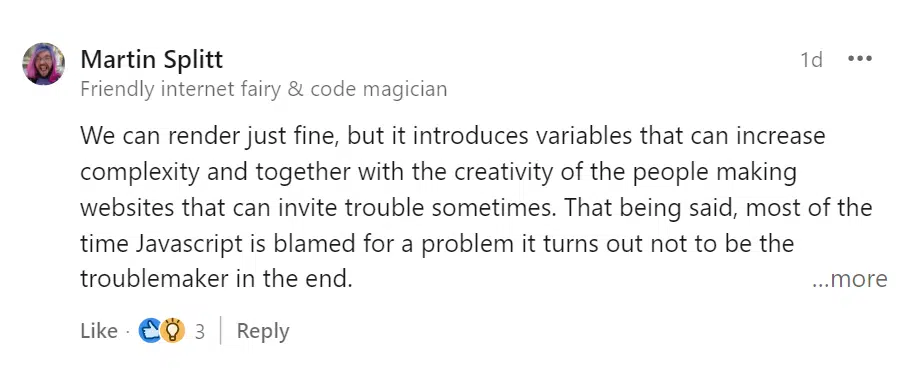 Martin Splitt discusses the complexities of using JavaScript and its impact on web issues.