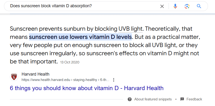 Does sunscreen block vitamin D absorption - Featured snippet