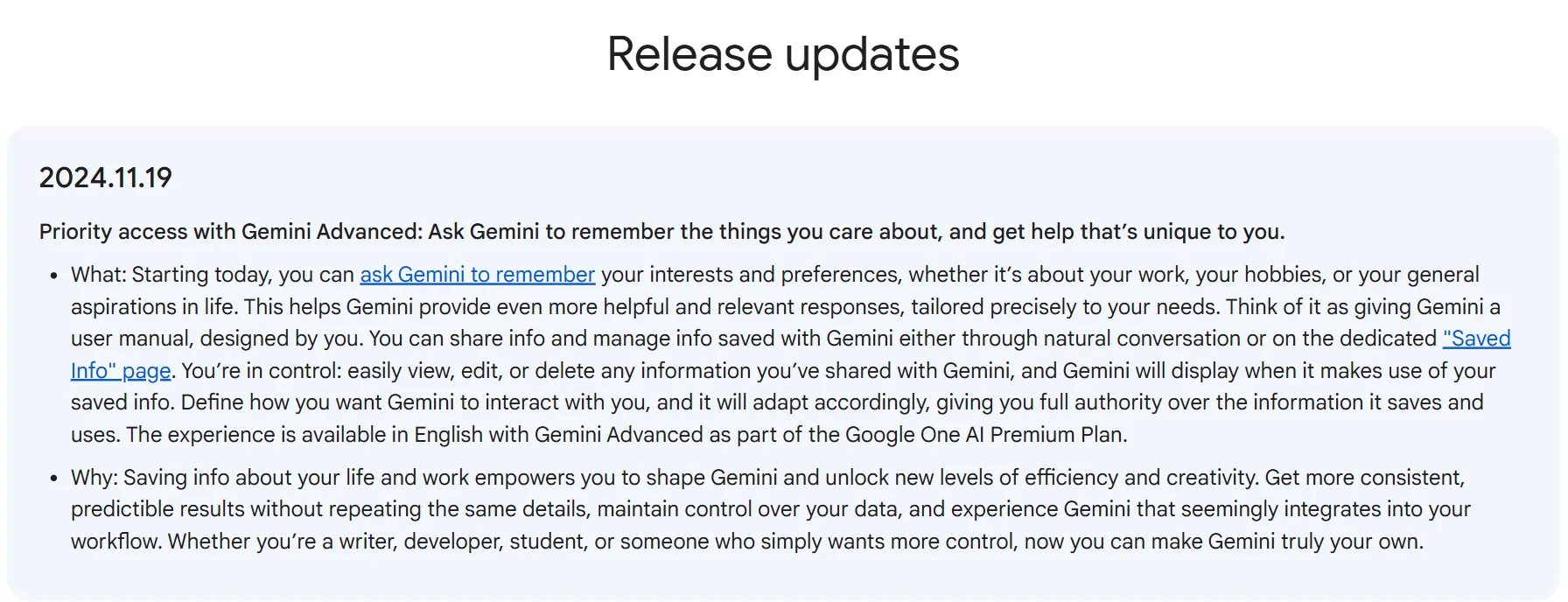 Gemini introduces memory feature - Release updates