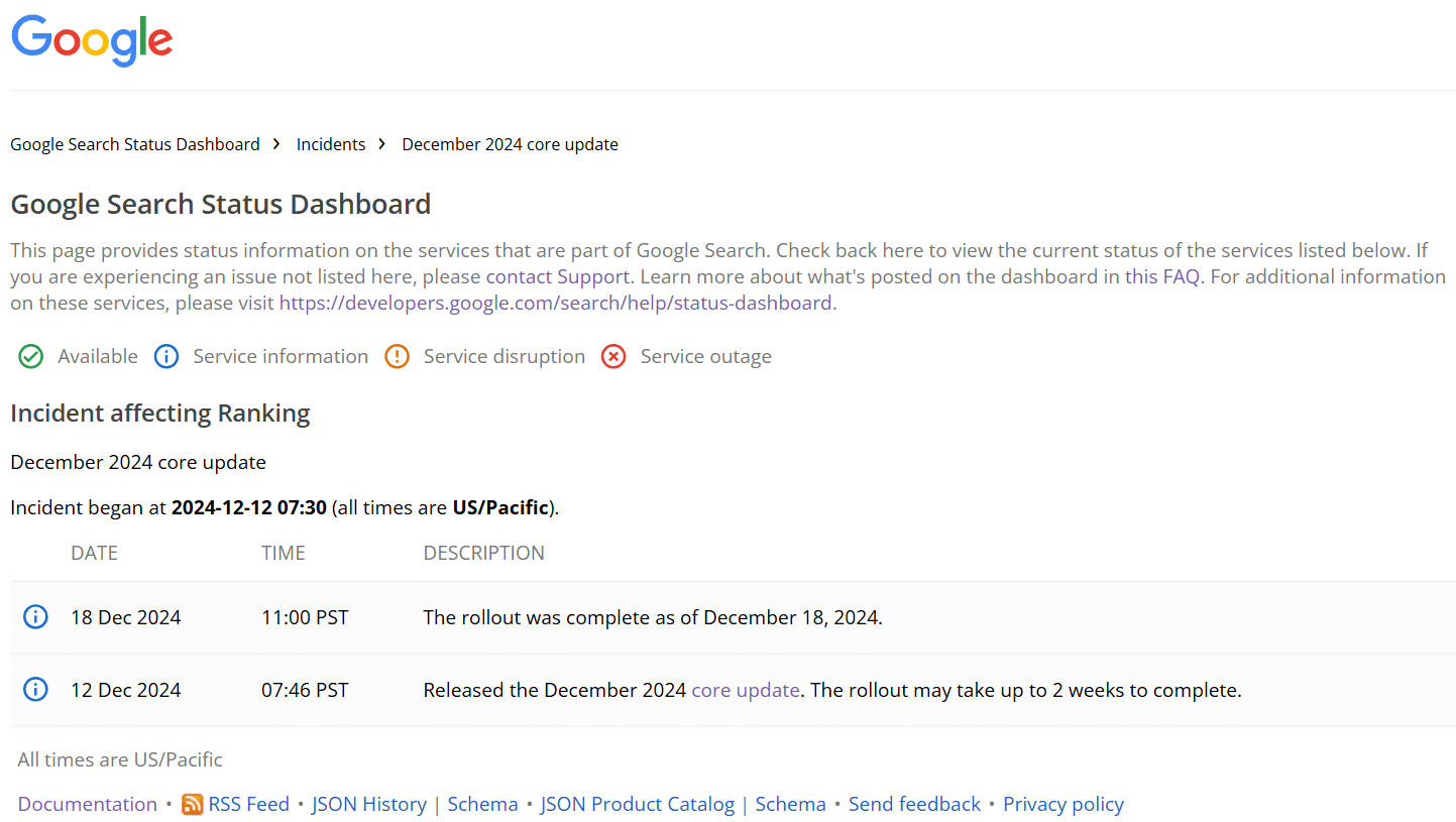 Google Search Status Dashboard - December 2024 update