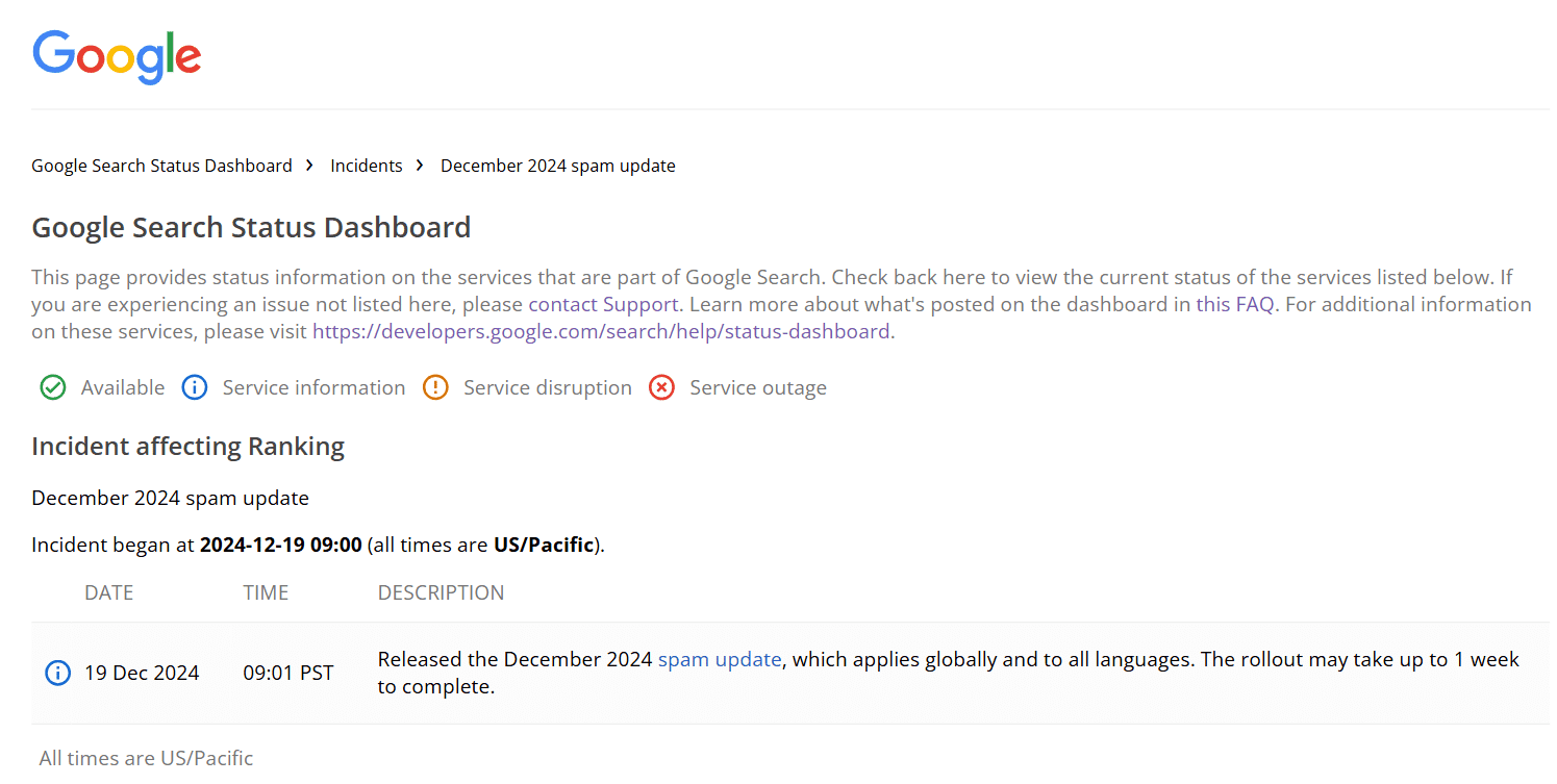 Google Search Status Dashboard - December 2024 Spam Update