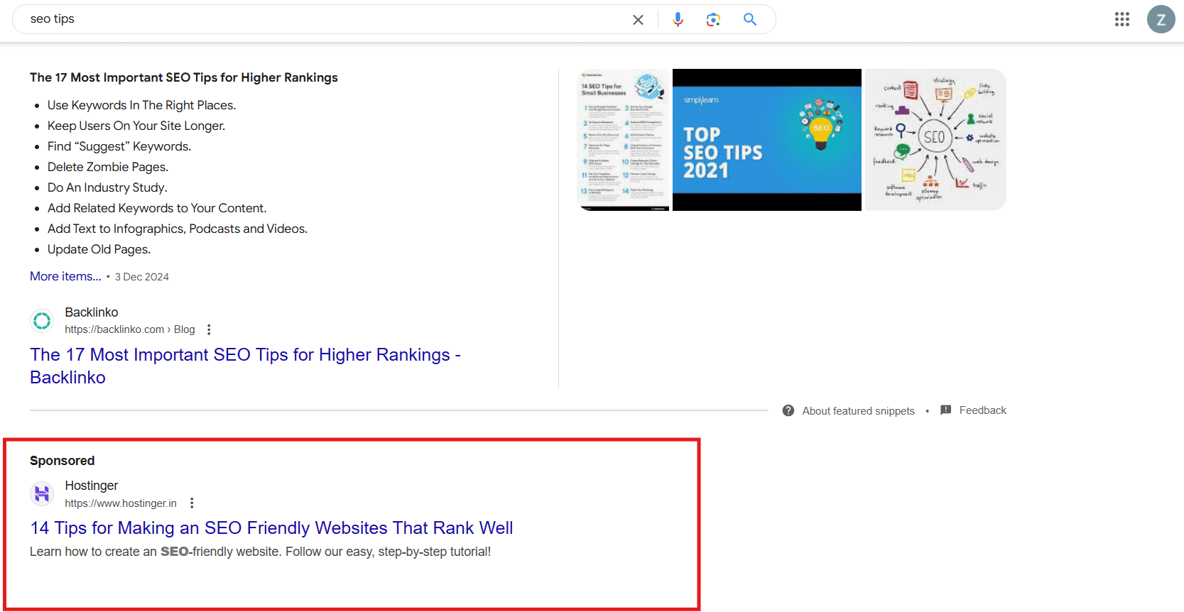 Sponsored ad below featured snippet
