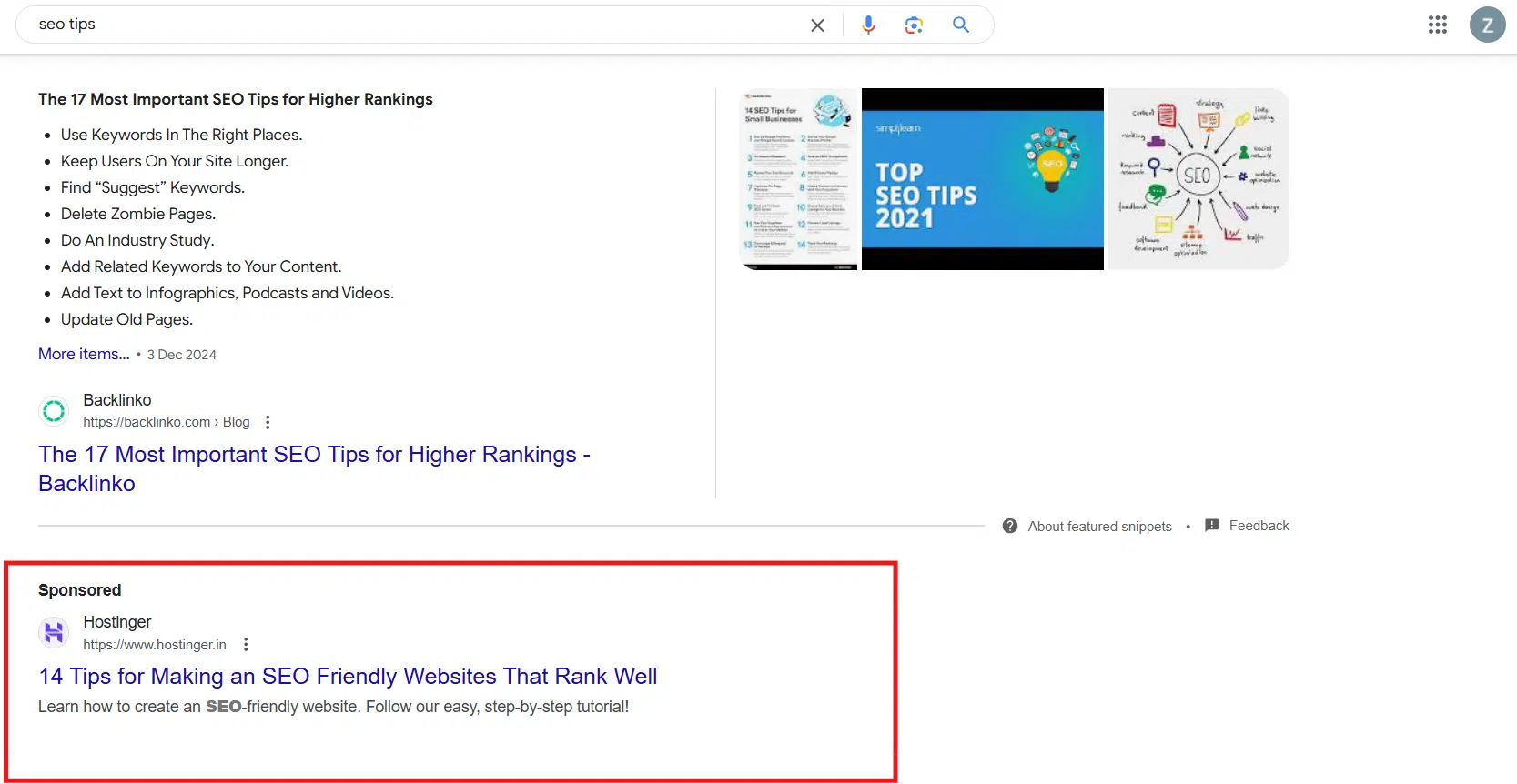 Sponsored ad below featured snippet