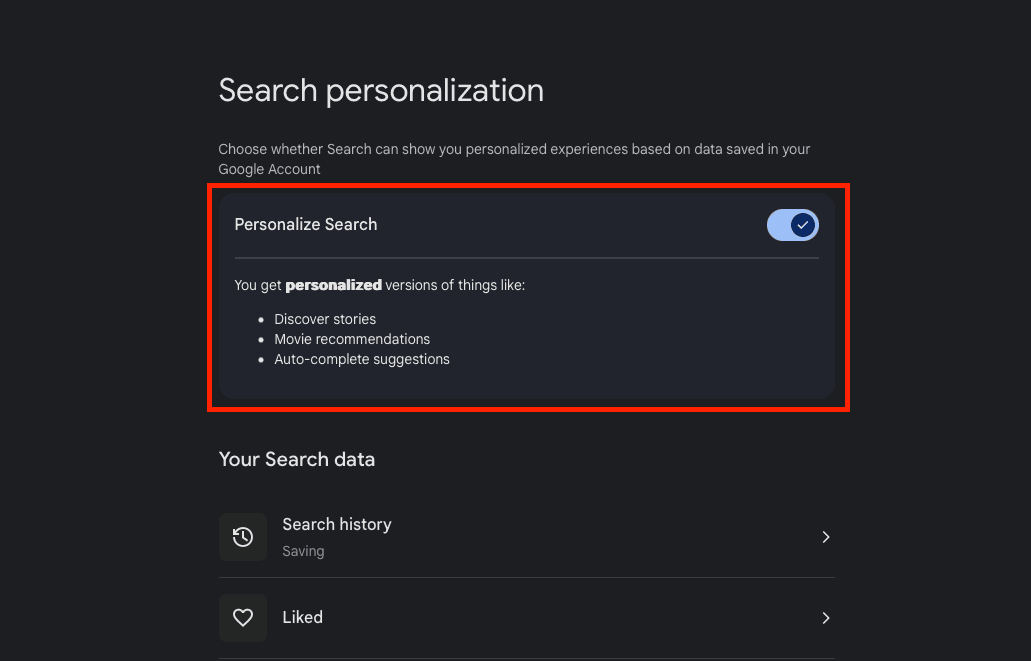 Turn off Search Personalization