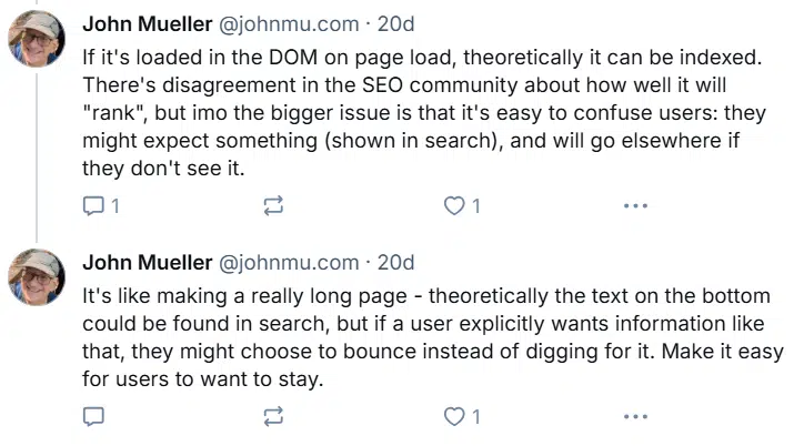 John Mueller's comment on tabbed content