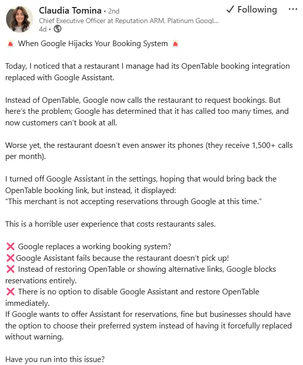 Task 319 - Google Blocks Restaurant Bookings—And Businesses Are Losing Out