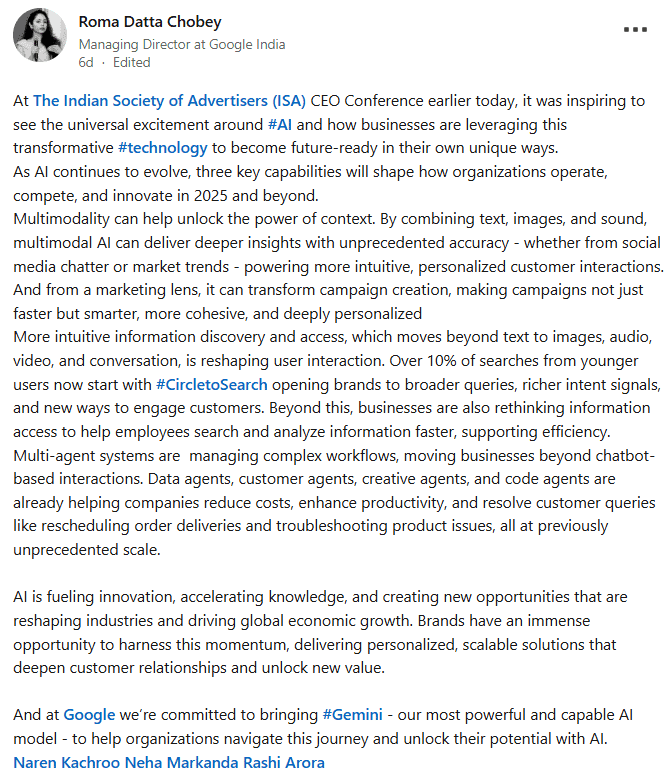 Roma Datta Chobey's LinkedIn post on Google's Circle to Search