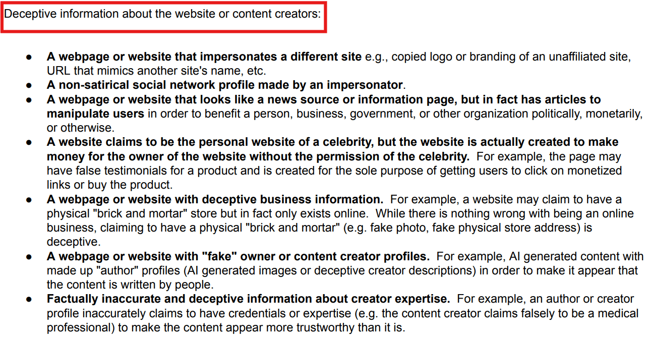 Deceptive information about the website or content creators
