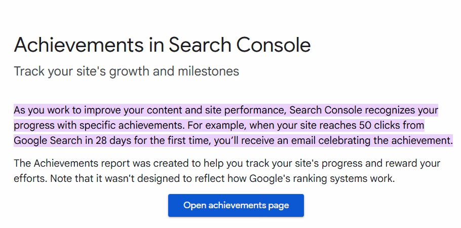Achievements in Search Console