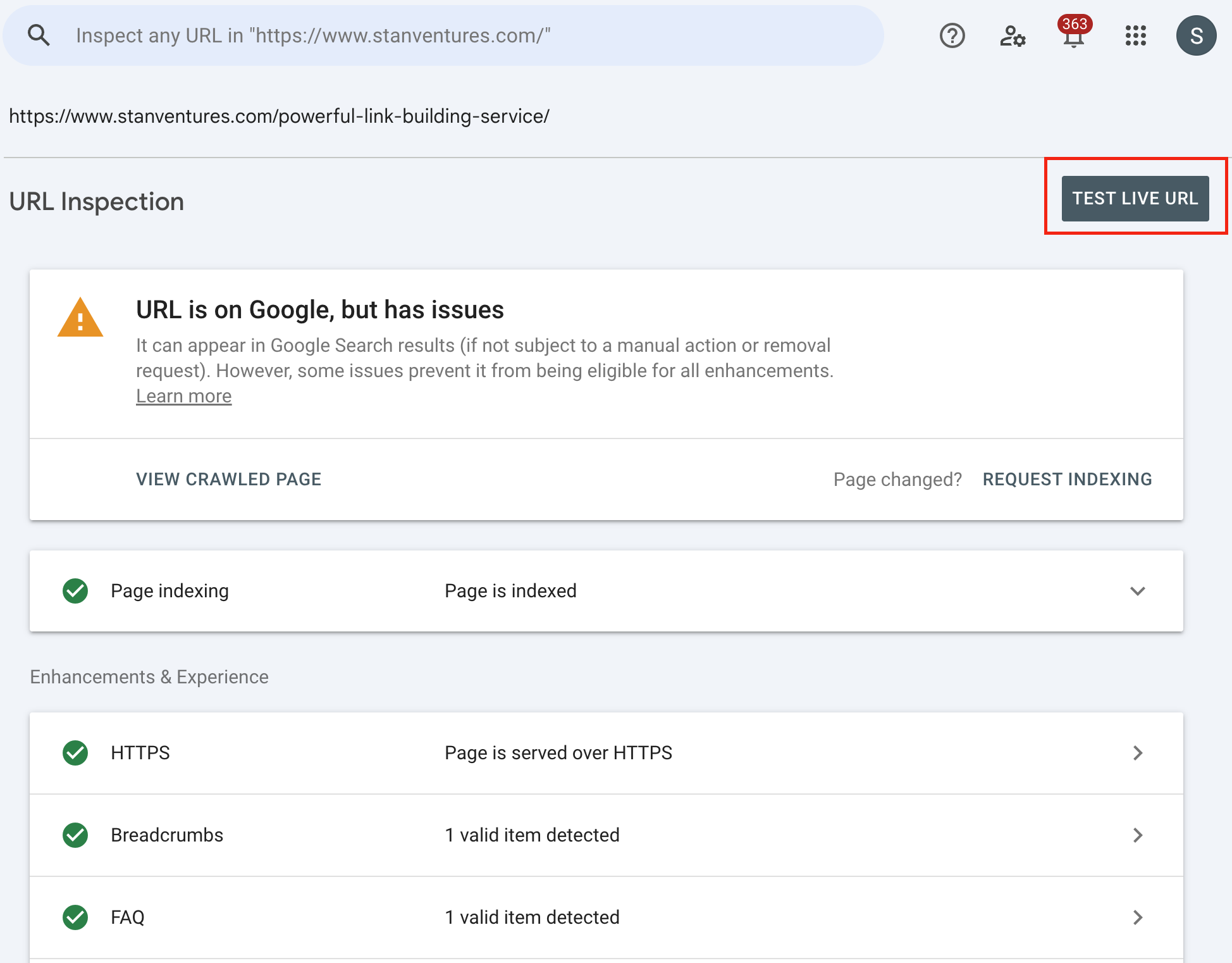 test live url in search console