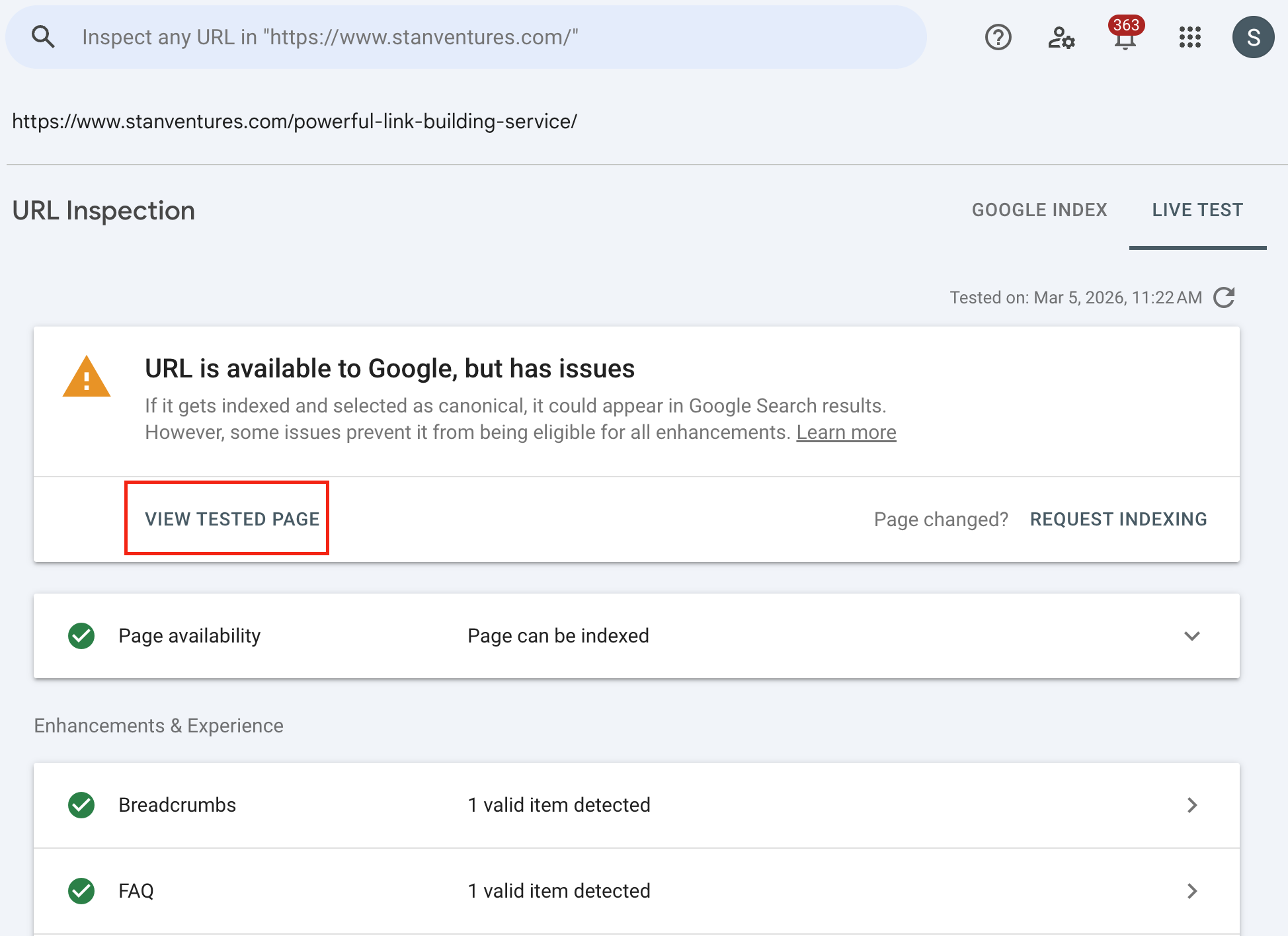 view tested page in search console
