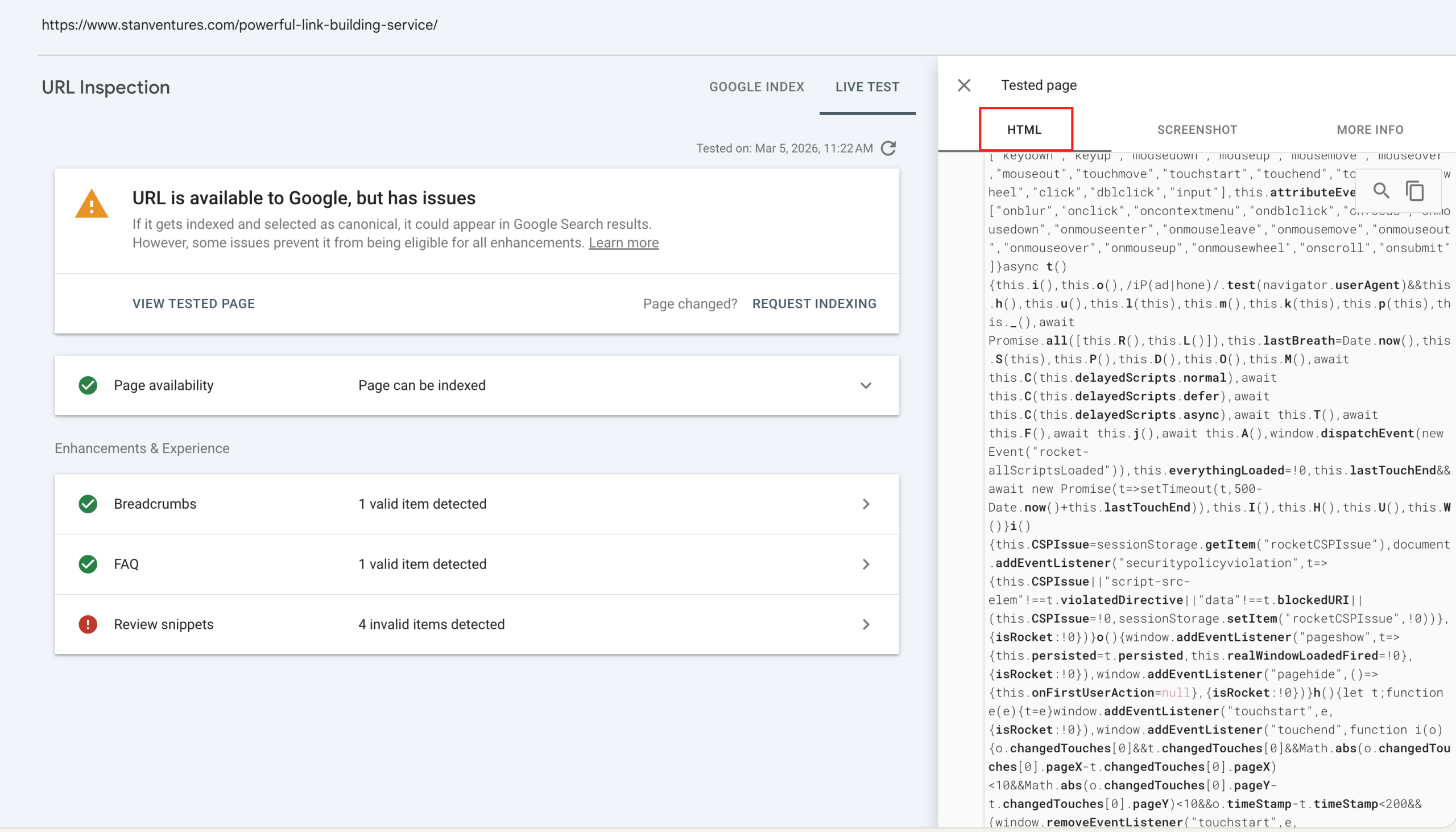 html render in search console