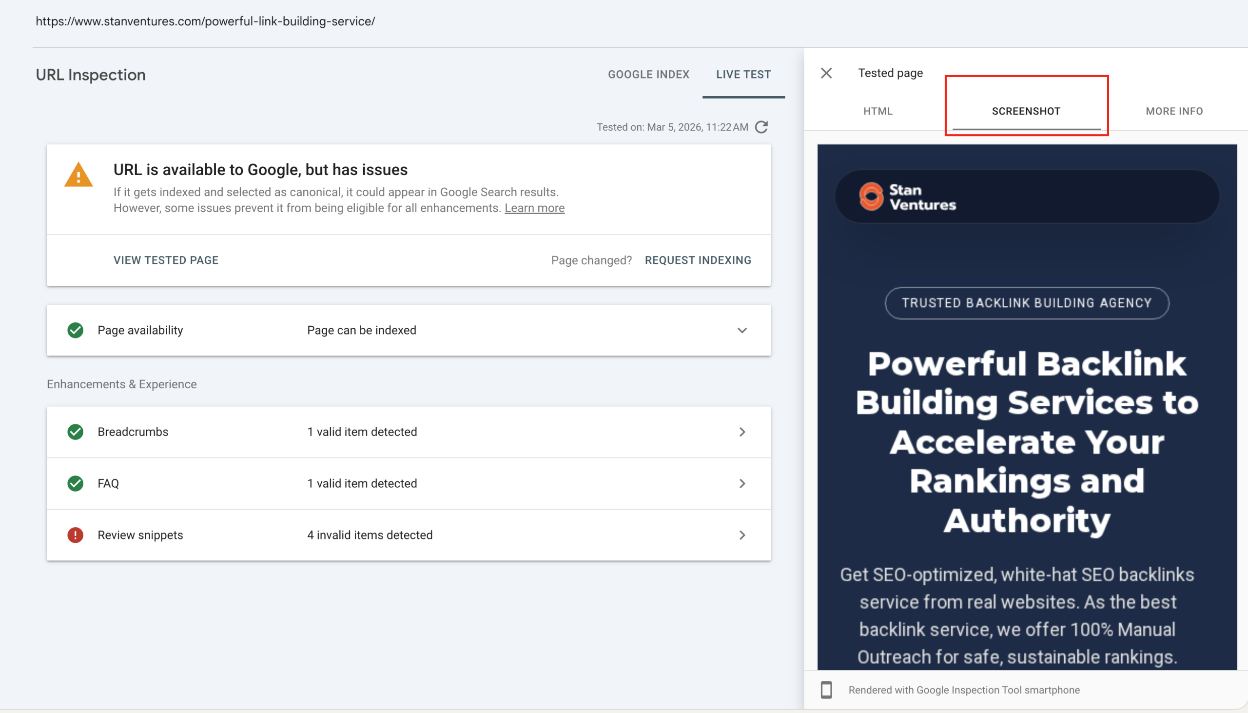 screenshot of rendered page in search console