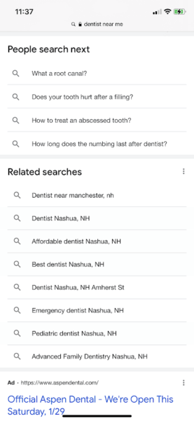 google mobile serp search next dentist near me