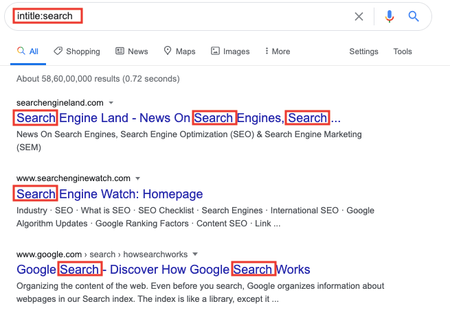 to search keyword in title on serp