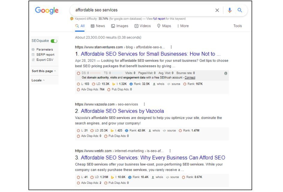 affordable SEO service results in Google search