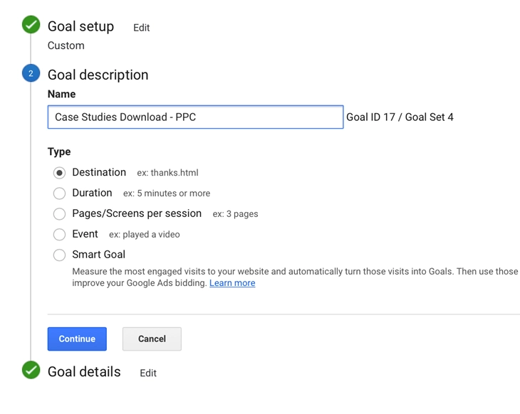 setting up a new goal in Google Analytics to calculate conversion rate